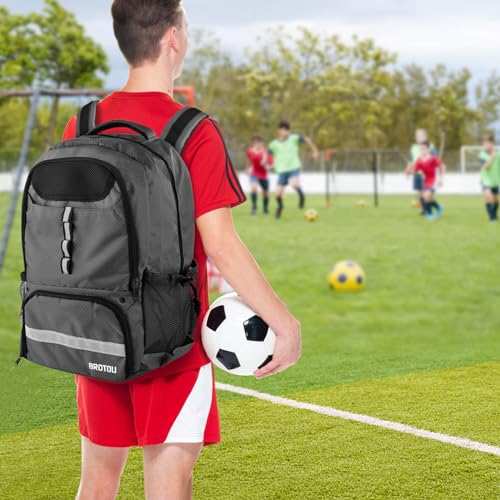BROTOU Soccer Backpack Sports Bag with Ball Holder and Shoe Compartment for Football Basketball Volleyball Rugby - color: Dark Grey