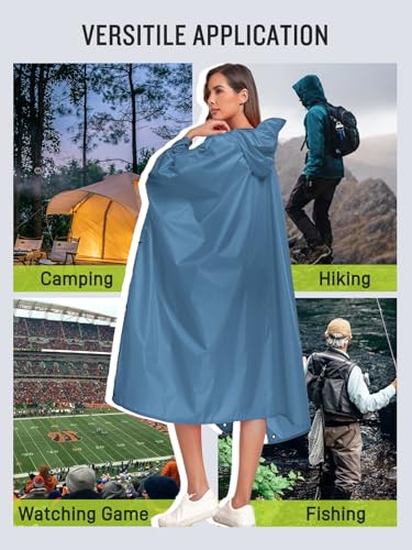 SaphiRose Extra Thick Hooded Rain Poncho Double Layer Waterproof Raincoat Jacket for Men Women Adults - color: Haze Blue