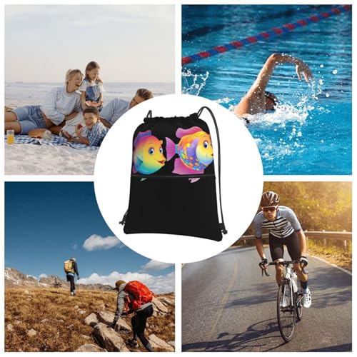 A Pair Of Rainbow Fish Prints Drawstring Zipper Backpack - Lightweight Water-Resistant Sport Gym Bag with Front Pocket & Internal Organizer - Perfect for Travel, Yoga & Hiking