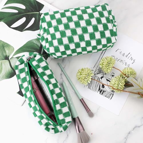 3 Pcs Makeup Bag Cosmetic Bag Set for Girls Women Checkered Travel Organizer Bathroom Toiletry Pouch Large Capacity Storage Bag(Green-White) - color: Green-White