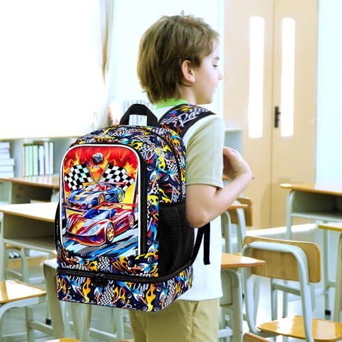 HPJGD 2-in-1 Backpack for Boys, 17" Race Car Preschool Bookbag Set with Built-in Lunch Compartment, Kids Water-Resistant School Bag for Elementary - Thrill Racing - color: Uv Printing Race Car 2-in-1 Backpack
