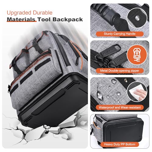 Tool Bag Backpack - Heavy Duty Tool Backpack, HVAC Tool Backpack Bag Organizer, Electrician Tool Bag with Laptop Compartment, Waterproof Molded Base, Combination lock & Durable 1680D - Gray