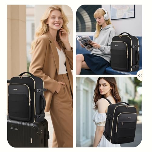 MOSISO Travel Backpack for Women Men, 15-15.6 inch Flight Approved Carry on Backpack with Side Handle & Luggage Strap, 16 inch Personal Item Travel Bag for Weekender College Work Business, Black