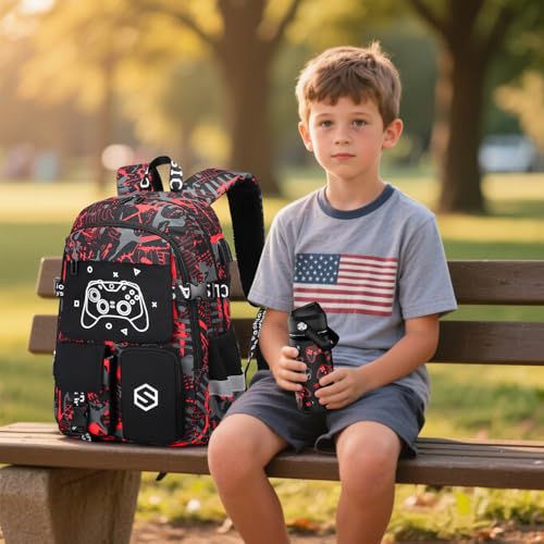 Scothen Boys Backpack, Cool Luminous Gamer School Backpacks for Boys with 14oz Insulated Water Bottle Lunch Bag Pencil Case, Kids Backpack Book Bags for Kindergarten Elementary Middle School - color: Red