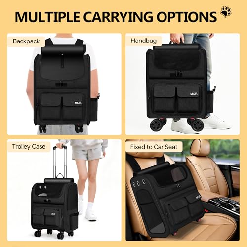 MGB Rolling Cat Carrier with Wheels: Dog Carrier for Small Dogs & Large Cats, Large Cat Carrier with YKK Zipper, Large Capacity, Breathable Mesh, Side Pocket, Black (Not for Airline) - color: Black