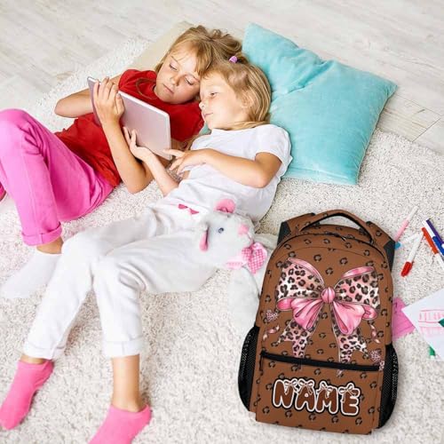 Backpack for Girls Personalized Bow Polka Dot Backpacks, 17 Inch Leopard Print for School Camp Picnic Team - color: Brown