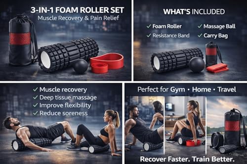 3-IN-1FOAM Roller Set for Muscle Massage, DEEP Tissue Roller, Massage Ball, Resistance Band, & Carry Bag.
