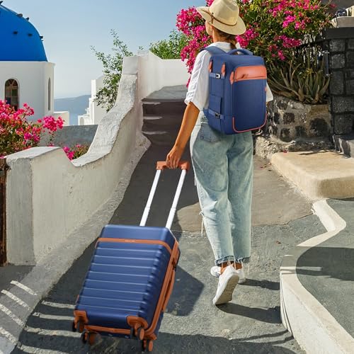 UKEIN Luggage Sets 3 Piece, PC Hardside Large Luggage 24 Inch With Spinner Wheels with TSA Lock, Carry On Suitcase Set With Travel Backpack for Men (Blue, 3 piece set (24inch)) - color: Blue, size: 3 piece set (24inch)