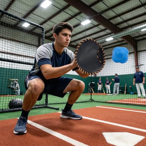 Pancake Glove Baseball Youth & Flat Gloves Softball Trainer with Agility Reaction Ball - Infield Mitt to Build Soft Hands (Ages 6-12, Right-Hand Throw) - color: black