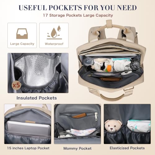 Diaper Bag Backpack, Baby Diaper Bag with 17 Pockets, Travel Baby Bag Backpack for Girl Boy, Large Diaper Bag with Changing Pad,USB Charging Port,Wet Dry Bag, Khaki - color: Warm Sand