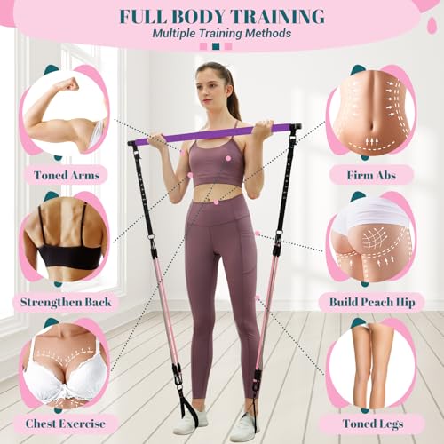 COFOF Pilates Bar Kit with Resistance Bands, Multifunctional Yoga Pilates Bar with Heavy-Duty Metal Adjustment Buckle, Portable Home Gym Pilates Resistance Bar Kit for Women Full Body Workouts - color: Purple