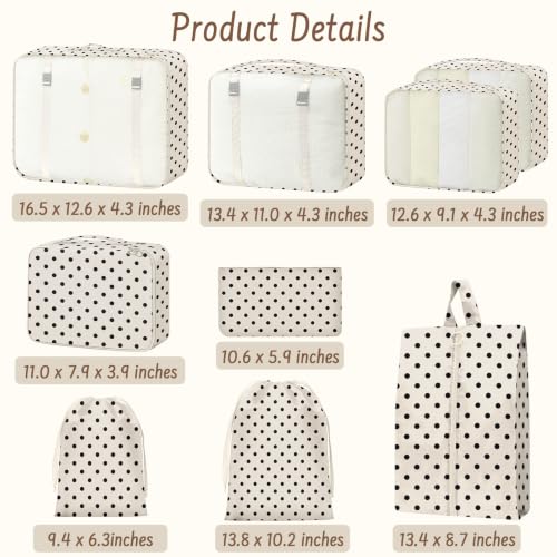 9 Set Packing Cubes for Travel Essentials - Lightweight Carry-On Luggage Organizer Bags with Shoe, Clothes & Laundry Bags for Airplane, Family & Business Travel, Polka dots - color: Polka dots
