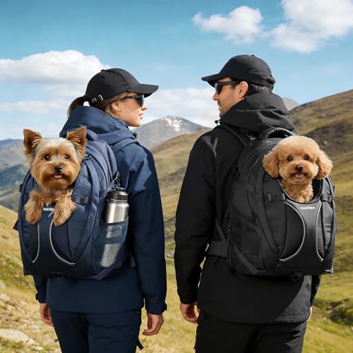 Dog Backpack Carrier for Hiking, Pet Travel Bag up to 18 lbs, 2-in-1 Foldable Cat Backpack with Laptop Compartment, Reinforced Ventilated 600D Nylon Rucksack for Walking Camping Commuting - color: Black