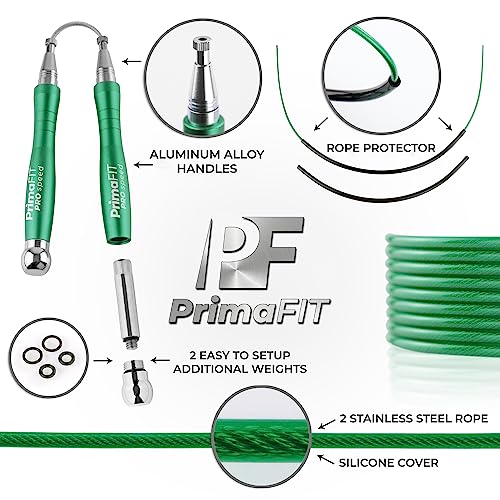 PrimaFIT Jump Rope Pro Speed Skipping Rope Adjustable Adult Jumping Rope Weighted Aluminium Handles for Double Dutch Boxing Workout Crossfit Exercise Fitness Spare Cable Weights Protectors Carry Bag - color: Green