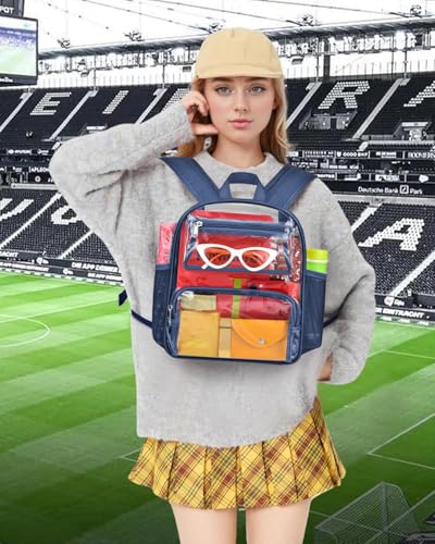 MAY TREE Small Clear Backpack Stadium Approved for Women and Men Clear Bag for Stadium Events Concert Sporting Festival, Navy - color: Navy-1, style: 2 Front Pocket-1