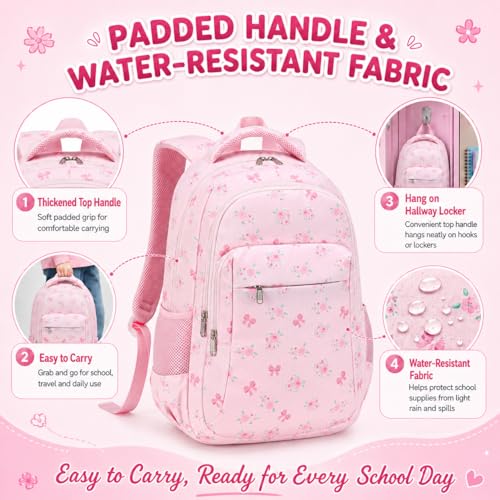 LEDAOU Girls Boys Backpack with Lunch Box, 3-Piece School Bookbag Set - color: Pink Bow With Small Flowers