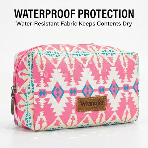 Montana West X Wrangler Travel Makeup Bag Waterproof Cosmetic Bag Portable Makeup Pouch for Women Large Toiletry Bag - color: Pink