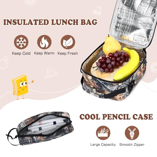 Camo Backpack for Boys, Tactical Boys Backpack with Lunch Box Pencil Case, Kids Backpacks with USB Charging Port, Military Army School Bookbag for Teen Boy Elementary Middle High School Camp - color: Brown Leaves