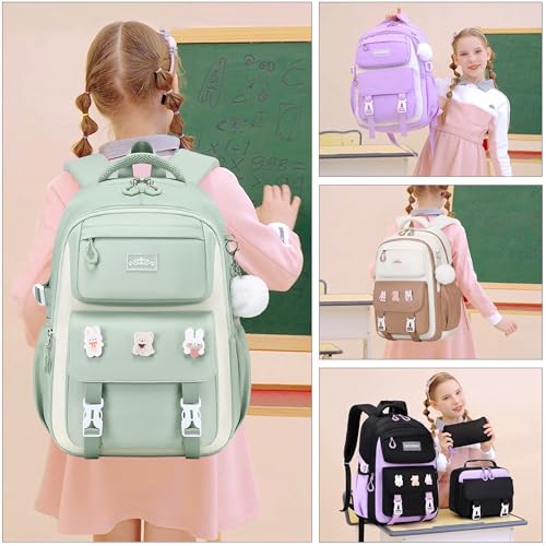 DIGOBAY 3PCS Girls Backpack for School, Green Large Kids Backpack for Girls with Lunch Box Pencil Case Set for Teen Girl Elementary Primary Middle High College School Bookbag with Cute Pins - color: Green