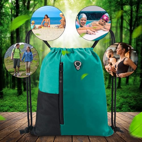 BeeGreen Marrs Green Drawstring Backpack Gym Bag For Men & Women – Sports Sackpack with Mesh Water Bottle Holder & 2 Zippered Pockets – Large 16x20 Inch Cinch String Backpack - color: Marrs Green, style: Drawstring With Mesh Pocket