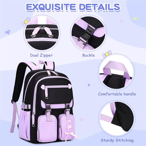 MOONBABY Girls Backpack with Lunch Box & Pencil Case for Kids Teens Bookbag for Elementary Primary Middle High School Daypack - color: Purple