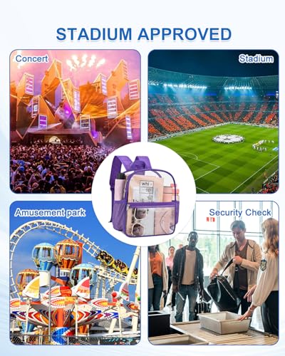 Clear Backpack for Stadium Events, 12x12x6 Small Clear Plastic bag with Reinforced Straps for Game Security Festival Concert - color: Purple
