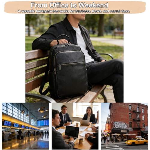 Genuine Leather 15.6 Inch Laptop Backpack for Men & Women, Business Commute Bag Daypack with Multi-Pockets for Travel Outdoor - color: Y80-17y-black
