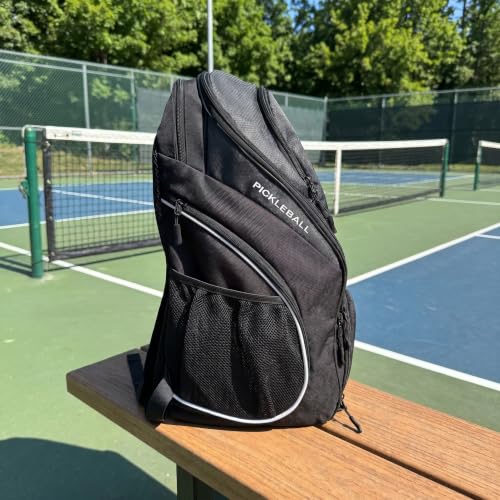 Personalized Pickleball Backpack - Large Pickle Ball Bag with Shoe Compartment, Fence Hook, Paddle Holder - Gifts for Men & Women - color: Black and White