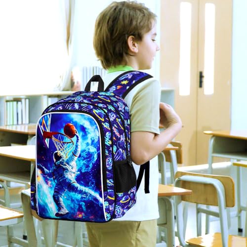 HPJGD 3PCS Kids Astronaut Backpack, Water Resistant Bookbag for Boys Set with Lunch Box, Cool School Bag for Elementary Preschool Toddler - Basketball Astronaut - color: Cool Uv Printed Astronaut Basketball Blue