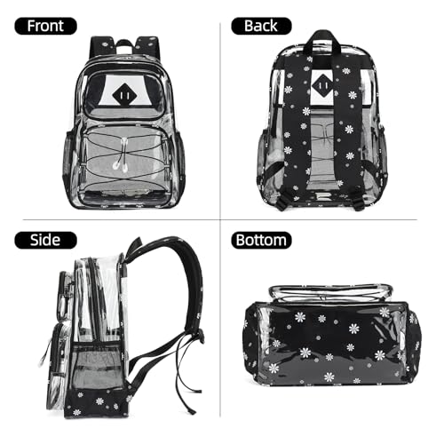 Clear Backpacks for Girls Women, Heavy Duty PVC Transparent Back Pack See Through Boys Kids Clear Bookbags for School Daisy Black - color: Daisy Black