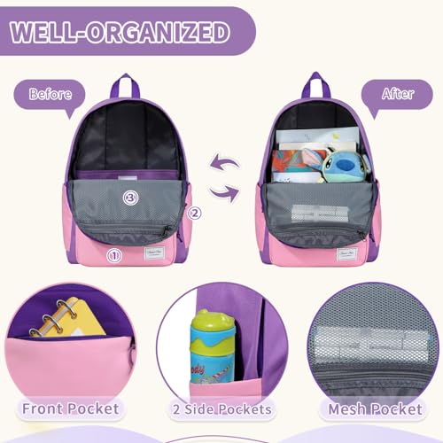 Chase Chic Kids Backpack for Girls - 17 inch School Backpacks for Toddler Fits 6 to 12 Years Old - Lightweight Water Resistant Preschool Bookbag for Travel Daycare (Purple Pink) - color: Light Purple&pink