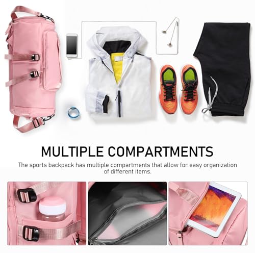 Ciieeo Travel Gym Backpack for Women and Men, Pink Multipurpose Sports Daypack with Wet Compartment and Adjustable Straps, Lightweight Hiking and Swimming Bag for Outdoor Activities