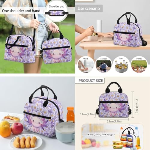 Flashideas Daisy Axolotl Backpack for Girls Kids Backpack with Lunch Box Stainless Steel Water Bottle and Water Bottle Bag 4Pcs Set 17" Large Capacity Elementary Bookbag with Compartments for School - color: Daisy Axolotl-4
