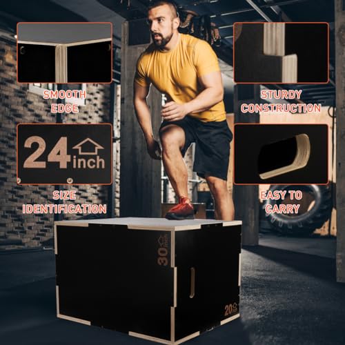 Plyo Box 3 in 1 Box Jumps for Home Gym 30"x24"x20" Wooden Plyometric Jump Box for Jumping Conditioning Strength Training