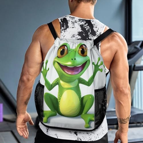 Drawstring Gym Backpack with Shoe Compartment And Wet Pocket, 28L Lightweight Waterproof Green Frog Sports Backpack for Workout Swim Beach Travel String Bag for Men Women