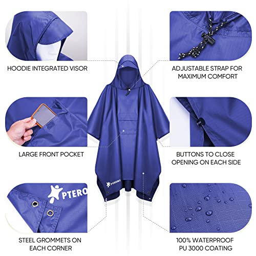 PTEROMY 3-in-1 Hooded Rain Poncho for Adult with Pocket, Waterproof Lightweight Unisex Raincoat for Hiking Camping Emergency - color: Blue
