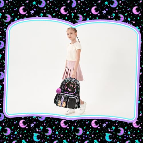 HTgroce Backpacks for Girls School Bag Kids Black Bookbag for Elementary Students Kids Backpack with Lunch Box and Pencil Case - color: Black, style: S