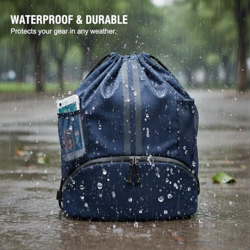Drawstring Backpack Gym Bag with Shoes Compartment, Water‑Resistant String Backpack, Dry‑Wet Separation Cinch Sack for Soccer Basketball Swim Beach Sports for Women Men-Blue - color: Blue