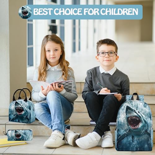 Shark 3PCS Backpack Set for Teens Elementary Middle High School, 17 Inch Lightweight Classic Bookpack 3 in 1 Set for Girls Boys, Kids Back to School Backpack with Lunch Box Pencil Case - color: Shark