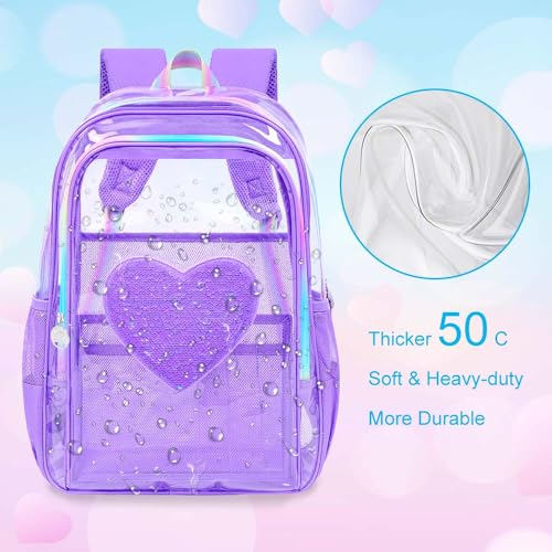 gxtvo 3PCS Transparent Backpack Heavy-Duty Set for Women & Teen Girls, 17" See Through Bookbag with Rainbow Strap, Purple Sequins Clear School Bag - color: Purple Sequins Clear Backpack Set