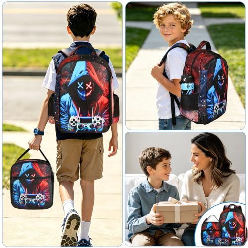 Boys Backpack with Lunch Box and Pencil Case, 3Pcs Gamer Backpack for Boys Teens, 17 Inch Large Capacity - color: GAME-LMWJ-10