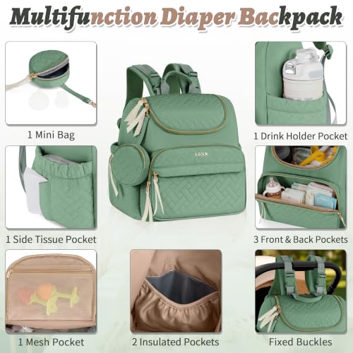 Diaper Bag Backpack, 22L Large Quilted Small Baby Bag with Changing Pad & Pacifier Case, Stroller Hooks, Easy-Access Baby Essential, Maternity Travel Backpack Unisex, Green - color: Green, size: Small