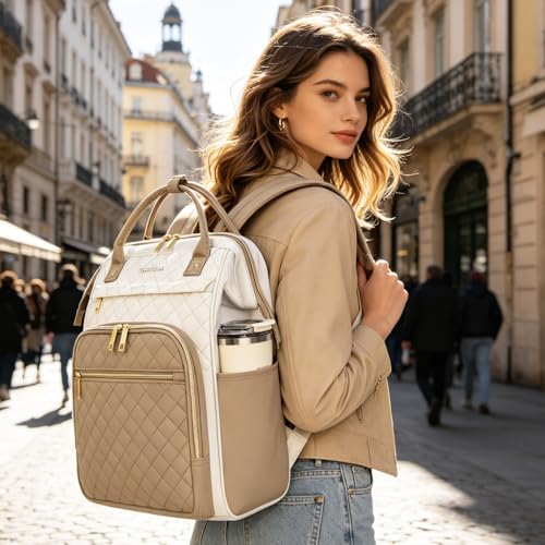 EMPSIGN 17 Inch Laptop Backpack for Women, Beige-Khaki - color: Beige/Khaki