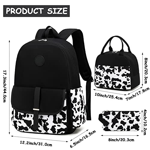 Bluboon Backpack for School Teen Girls Bookbags with Lunch Bag & Pencil Case Aesthetic Water Resistant School Bags for Kids - color: Cow Print