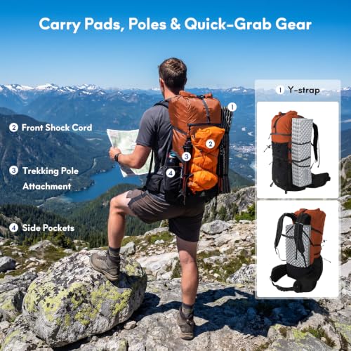 Haimont 40L+15L Roll-Top Backpacking Pack with Rain Cover, Orange | Expandable 55L, Hip Belt Support, Sleeping Pad Carry, Pole Attachments, YKK & Duraflex - color: Orange