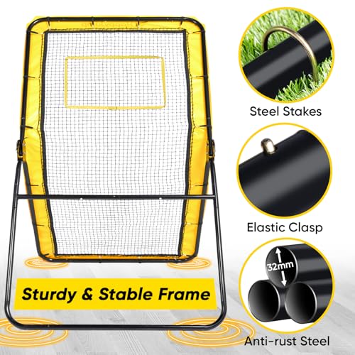 Happy Jump 7x4 FT Pro Lacrosse Rebounder Training Set with 5 Adjustable Angles, Heavy-Duty Bounce Back Net Frame, Includes Lacrosse Ball & Baseball, Portable for Outdoor Practice