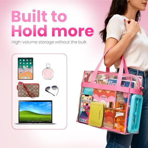 Handy Laundry Clear Bag 12x6x12 Stadium Approved - Transparent Tote Zippered Top & Shoulder Straps for Work, Sports, Concerts - color: Pink