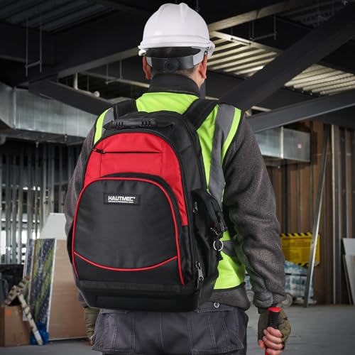 HAUTMEC Heavy-Duty Tool Backpack with Molded Waterproof Base, 1680D Tool Bag with Laptop Compartment, 22 Pockets, Padded Straps & Breathable Back Panel – HT0285