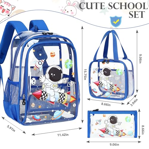 AO ALI VICTORY Clear Backpack for Boys Girls,15.6 Inch Kids Backpack Set with Lunch Bag Pencil Case PVC Elementary Bookbag for School Students See Through Transparent Travel Back Pack,Blue Astronaut - color: Blue Astronaut 3pcs