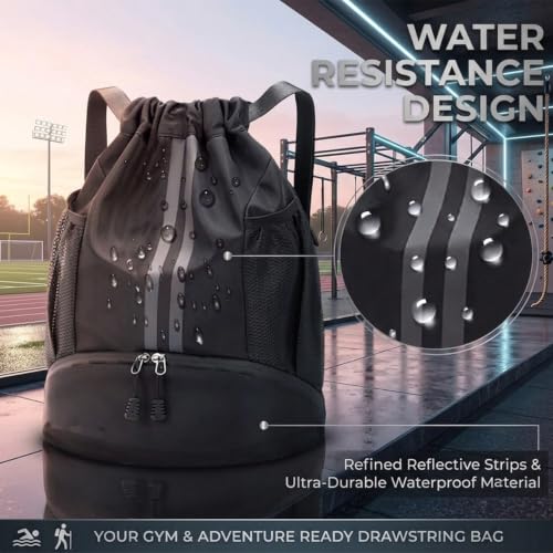 Drawstring Backpack with Shoe Compartment,Water Resistant Sports Gym Bag,String Bag for Men Women,Soccer,Basketball - color: Black